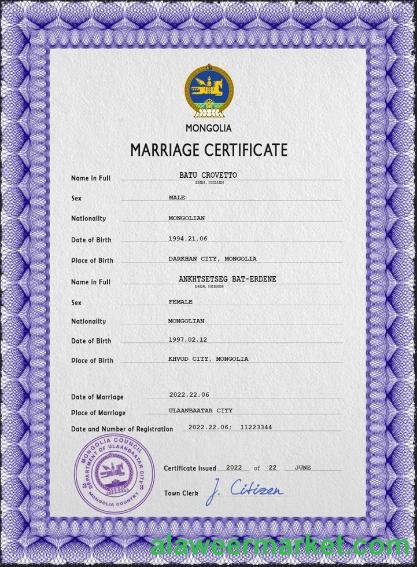 Mongolia marriage certificate PSD template